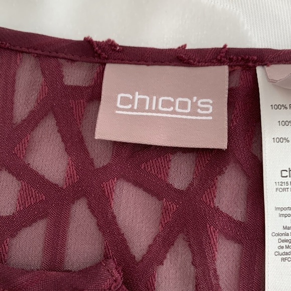 Chicos Sheer Dark Burgundy V-Neck Blouse w/3D Detailing.3/4 Sleeves. Size 2=12 - Picture 6 of 12